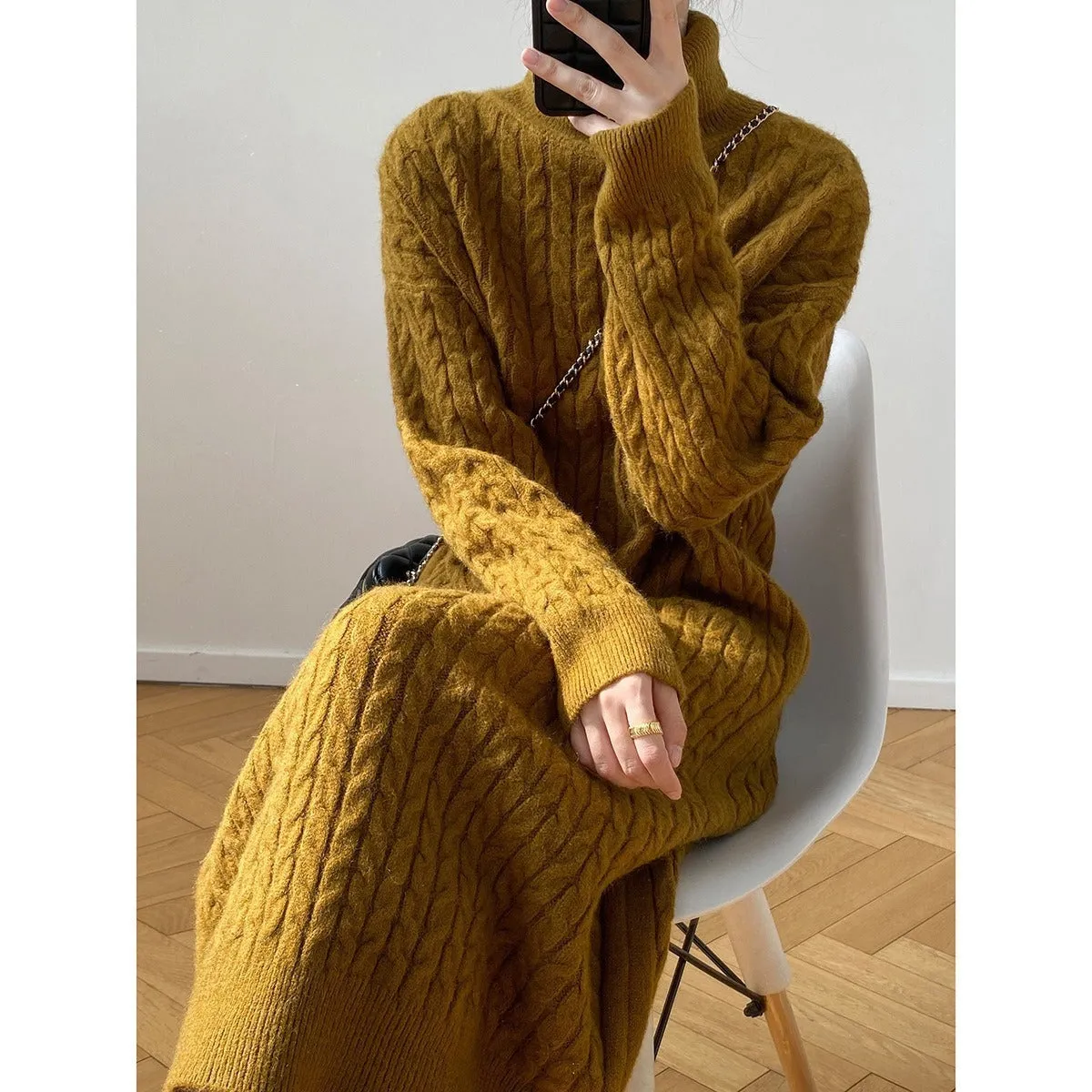 XIEYINSHE 2025Autumn and winter new lazy wind sweater skirt twist straight and loose knee pile collar base long knitted dress