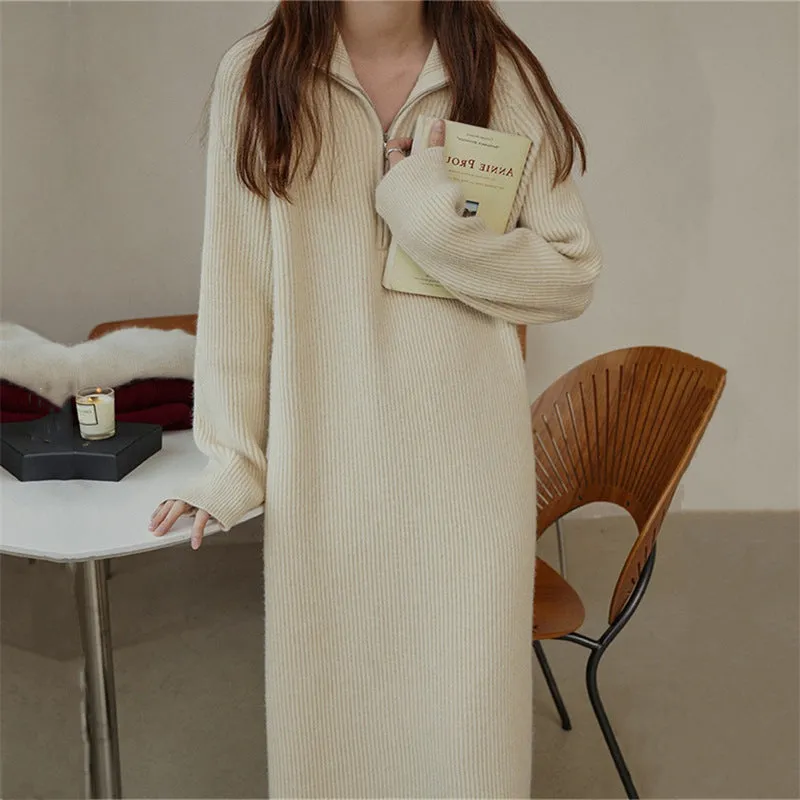XIEYINSHE 2025Japanese lazy wind over the knee medium and long lapel loose sweater skirt women's autumn and winter inner cover bottom knitted dress women