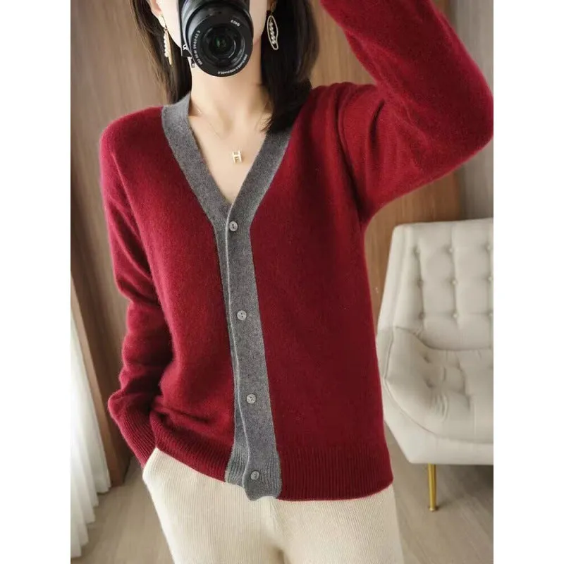 XIEYINSHE Lazy wind loose color matching knitted cardigan jacket women's New new v-neck age-reducing outer sweater top tide