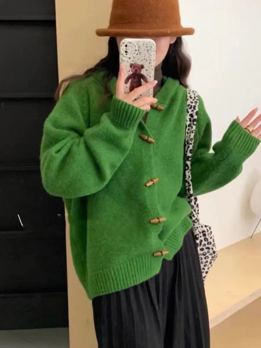 XIEYINSHE Spot autumn and winter hooded knitted sweater top solid color women's version lazy style solid color loose casual sweater cardigan jacket